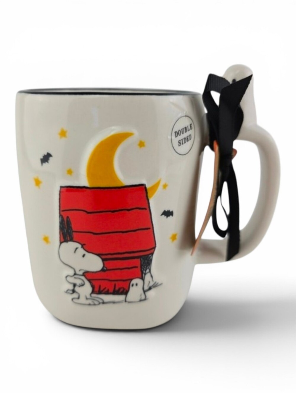 NWT Rae Dunn Peanuts Snoopy Boo! Halloween Ghost Handle Mug White Double Sided